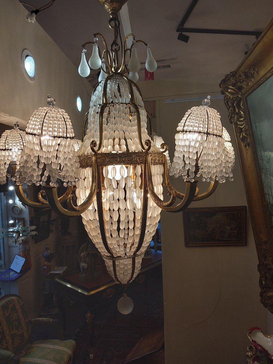 Chandelier In Gilt Bronze And Opaque Glassware Attr In Sue Et Mare-photo-4